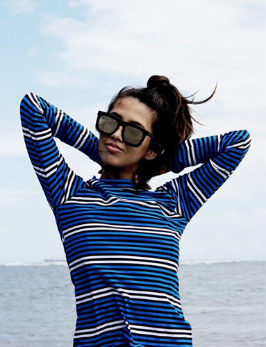 条纹印花长袖防晒冲浪水母衣