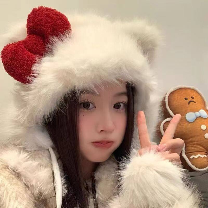 hellokitty猫毛绒帽子蝴蝶结毛茸茸可爱甜美少女心百搭保暖冬季女