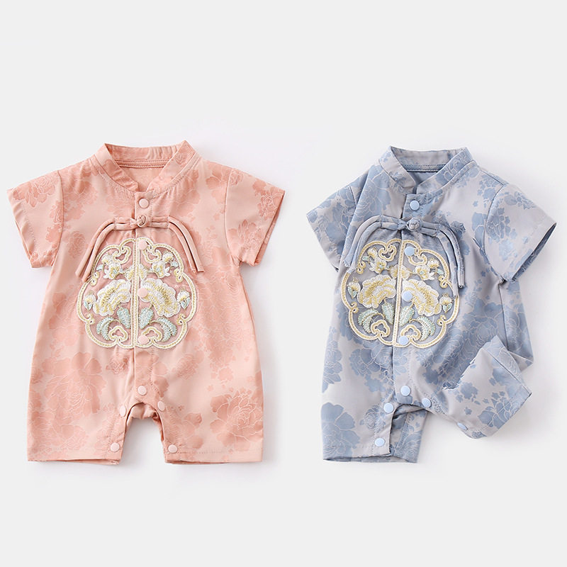 婴儿夏款睡袍闭档哈衣哈衣宝宝衣服新中式短袖清凉周岁旗袍