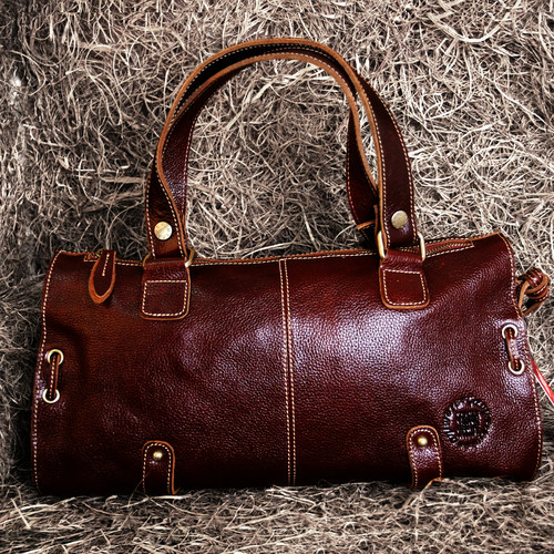 藏皮客头层牛皮女大容量波士顿包