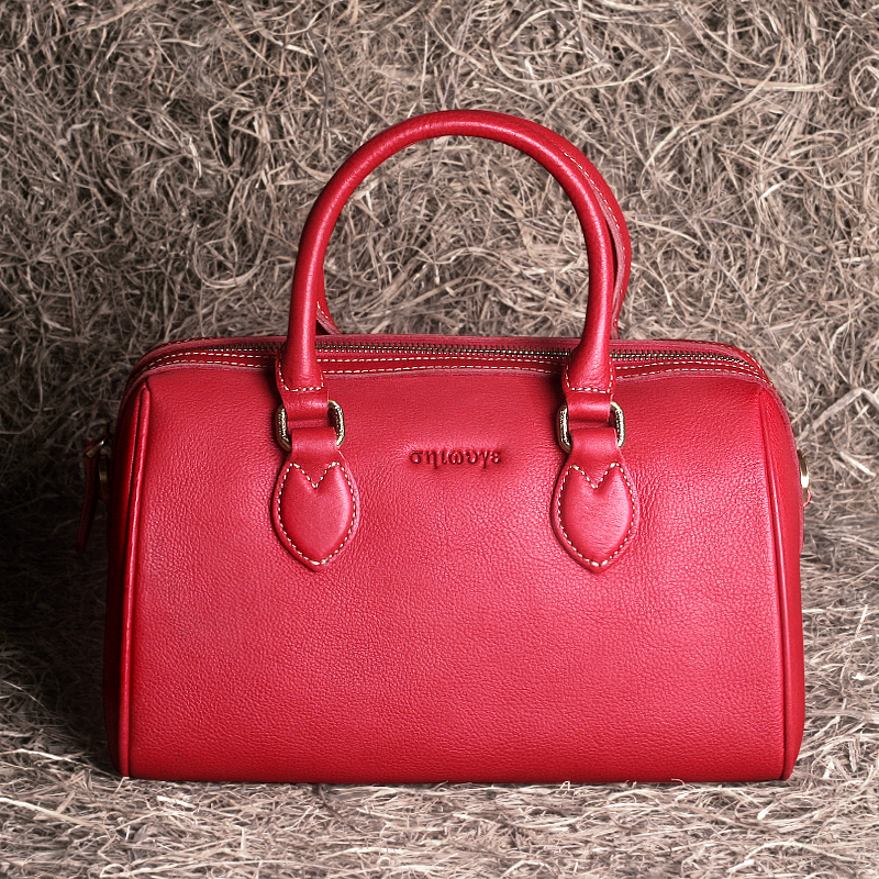 藏皮客头层牛皮女式手提波士顿包