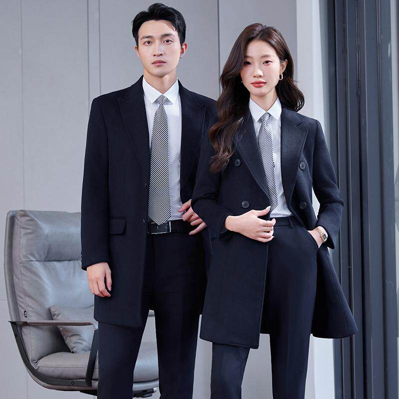 藏青色毛呢外套女冬季酒店前台工作服职业装男女中长款羊毛呢大衣