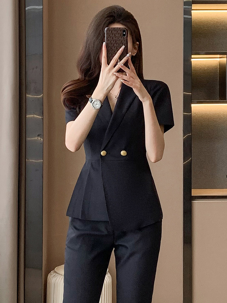 藏蓝色短袖西装套装女夏季薄款职业装气质珠宝店工装美容院工作服