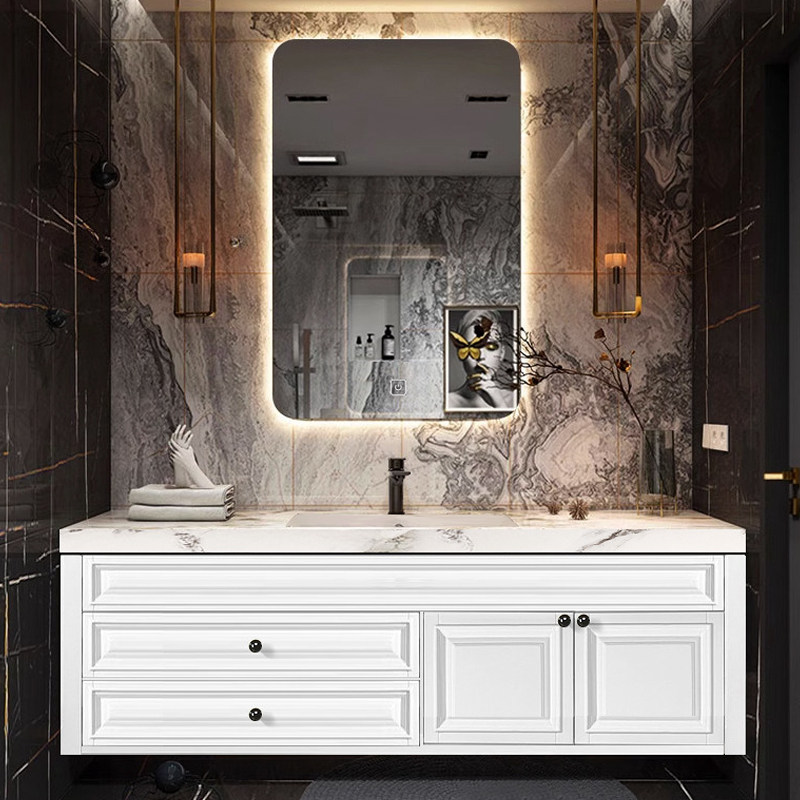 美式复古浴室柜组合岩板陶瓷无缝一体盆法式卫生间实木洗手洗漱台