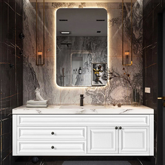 美式复古浴室柜组合岩板陶瓷无缝一体盆法式卫生间新款实木洗漱台