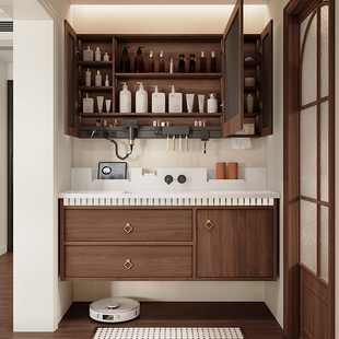 中古风浴室柜组合陶瓷一体盆高背洗漱台卫生间胡桃色洗手洗脸盆柜