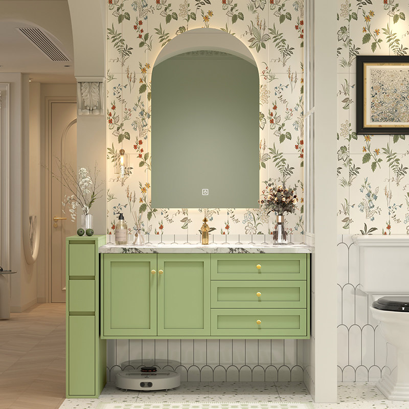 法式牛油果绿浴室柜岩板陶瓷无缝一体盆洗漱台卫生间半墙边柜组合