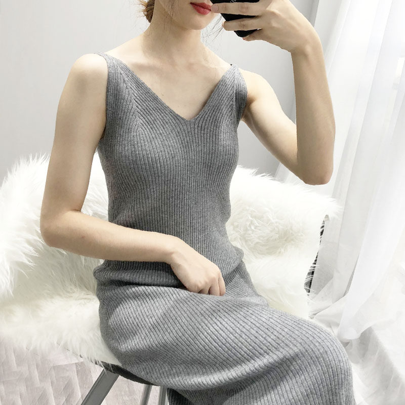 针织吊带裙女秋冬新款韩版开叉毛衣背心长裙修身连衣裙打底裙
