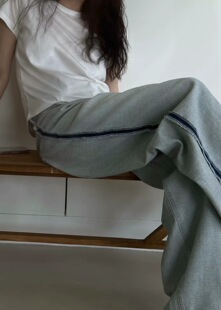 现 韩国东大门代购 TASTE 24新款 毛边反穿浅色舒适牛仔裤