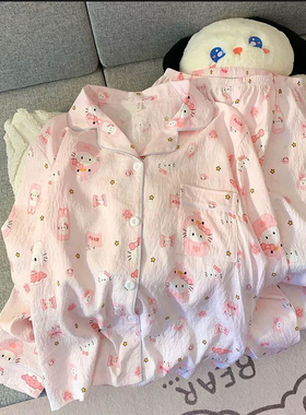 秋冬亲子儿童卡通ins风甜美可爱kitty猫睡衣母女款空调家居服套装