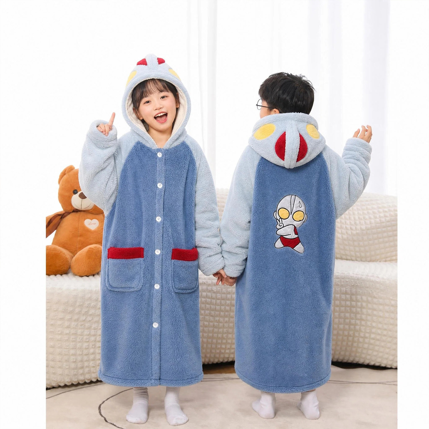 儿童卡通奥特曼珊瑚绒睡袍男童秋冬加厚保暖连帽家居服大码浴袍