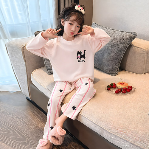 女童仿棉卡通粉色休闲猫咪家居服