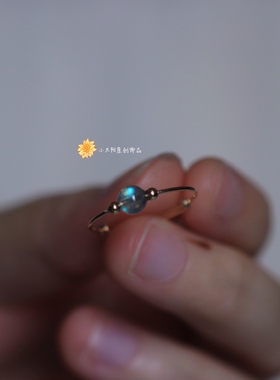 极简天然超美蓝光灰月光水晶戒指细圈美国14K注金日常可水洗食指