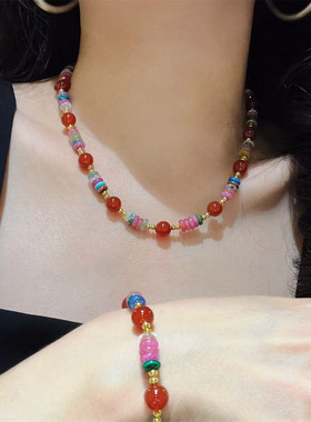 多巴胺红玛瑙彩色天然石项链颈链