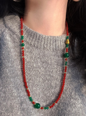 古风绿玛瑙红玉髓金色葫芦项链