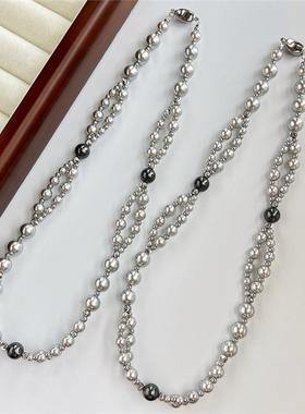 法式交叉双层银灰色珍珠项链