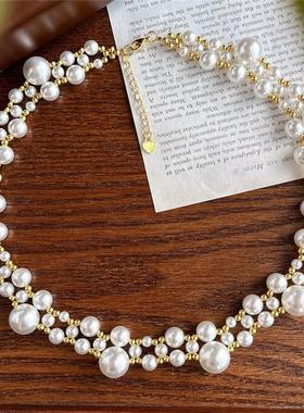 品质手工编织金球锁骨链珍珠项链