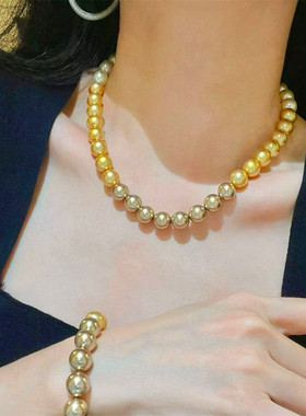 法式金色正圆渐变珍珠项链咖色