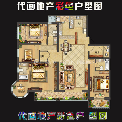 PS设计代画制作室内彩色家配3D效果图代做平面户型图渲染园林景观