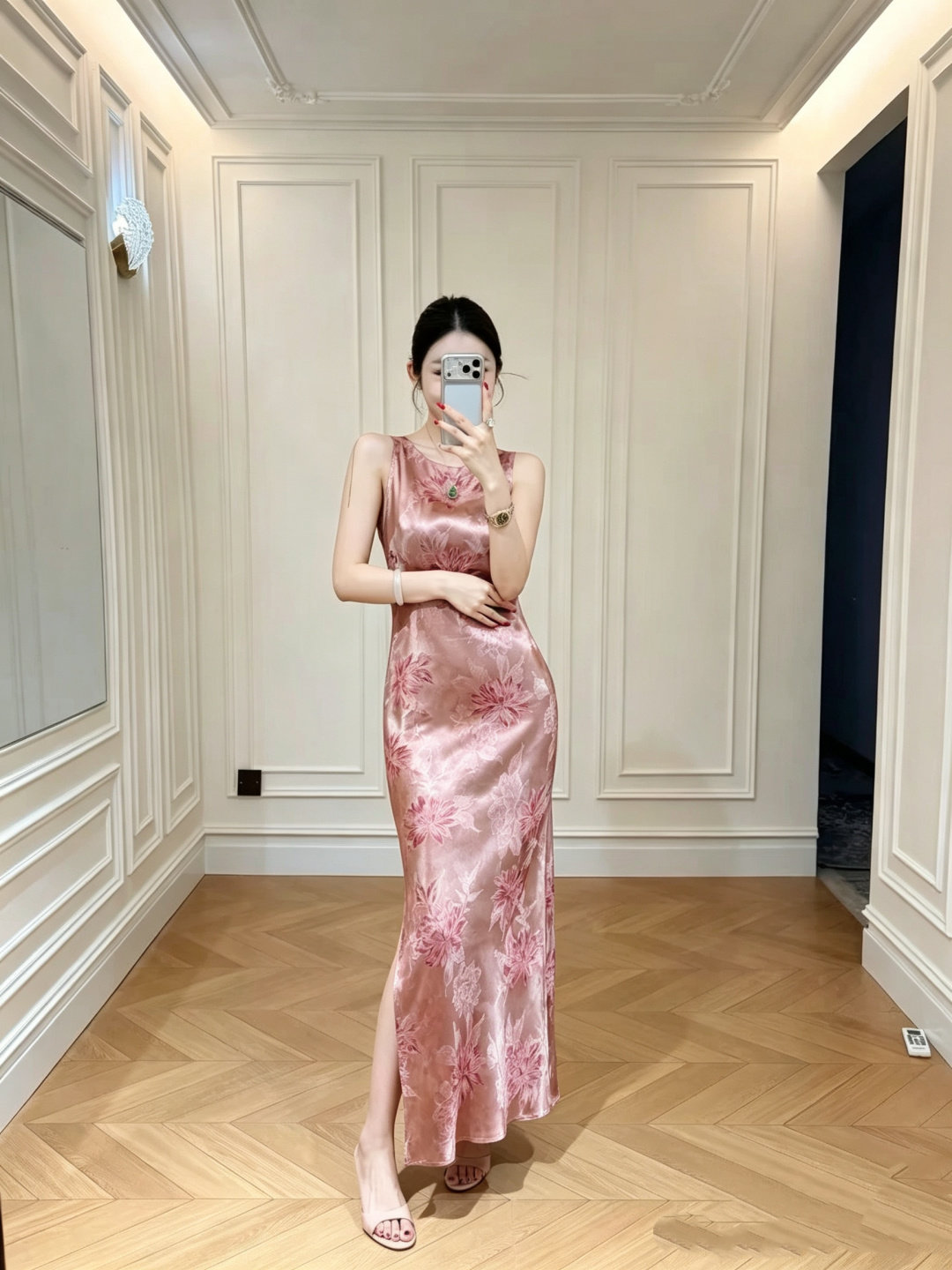人丝香云纱挂脖连衣裙女复古花卉印花开叉国风显瘦气质长款连衣裙