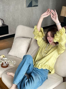 100%人丝提花层叠花边小衫显贵气质长袖衬衣女春宽松显瘦洋气上衣