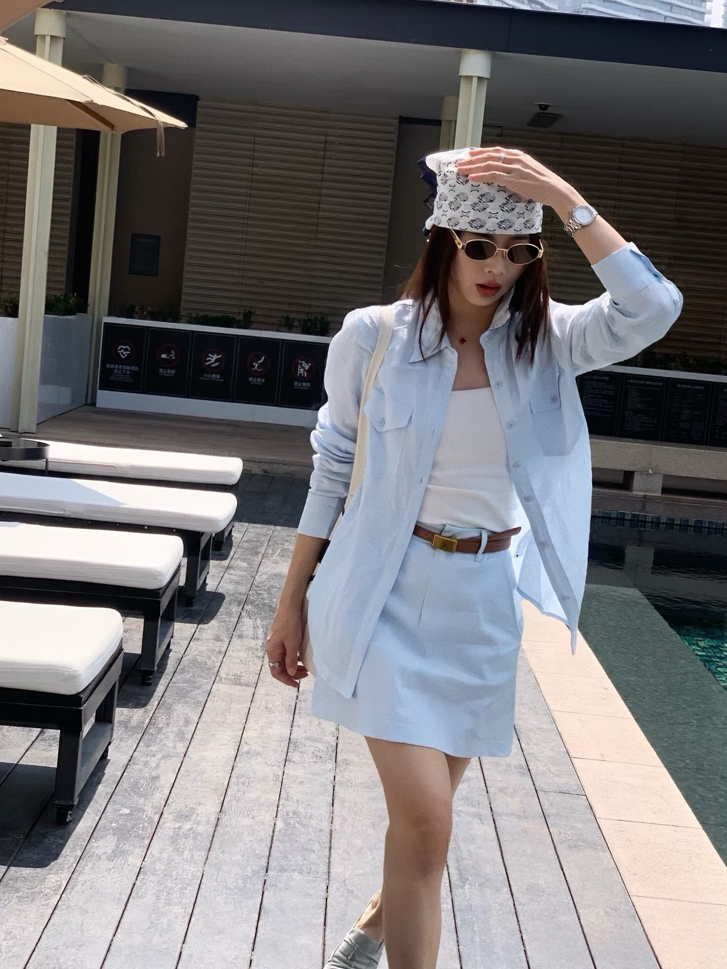 100%亚麻裤裙套装蓝色衬衫春夏韩系洋气减龄长袖衬衣短裙两件套