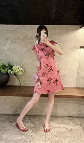 人丝香云纱国风印花连衣裙立领小飞袖侧开叉复古改良旗袍连衣裙女