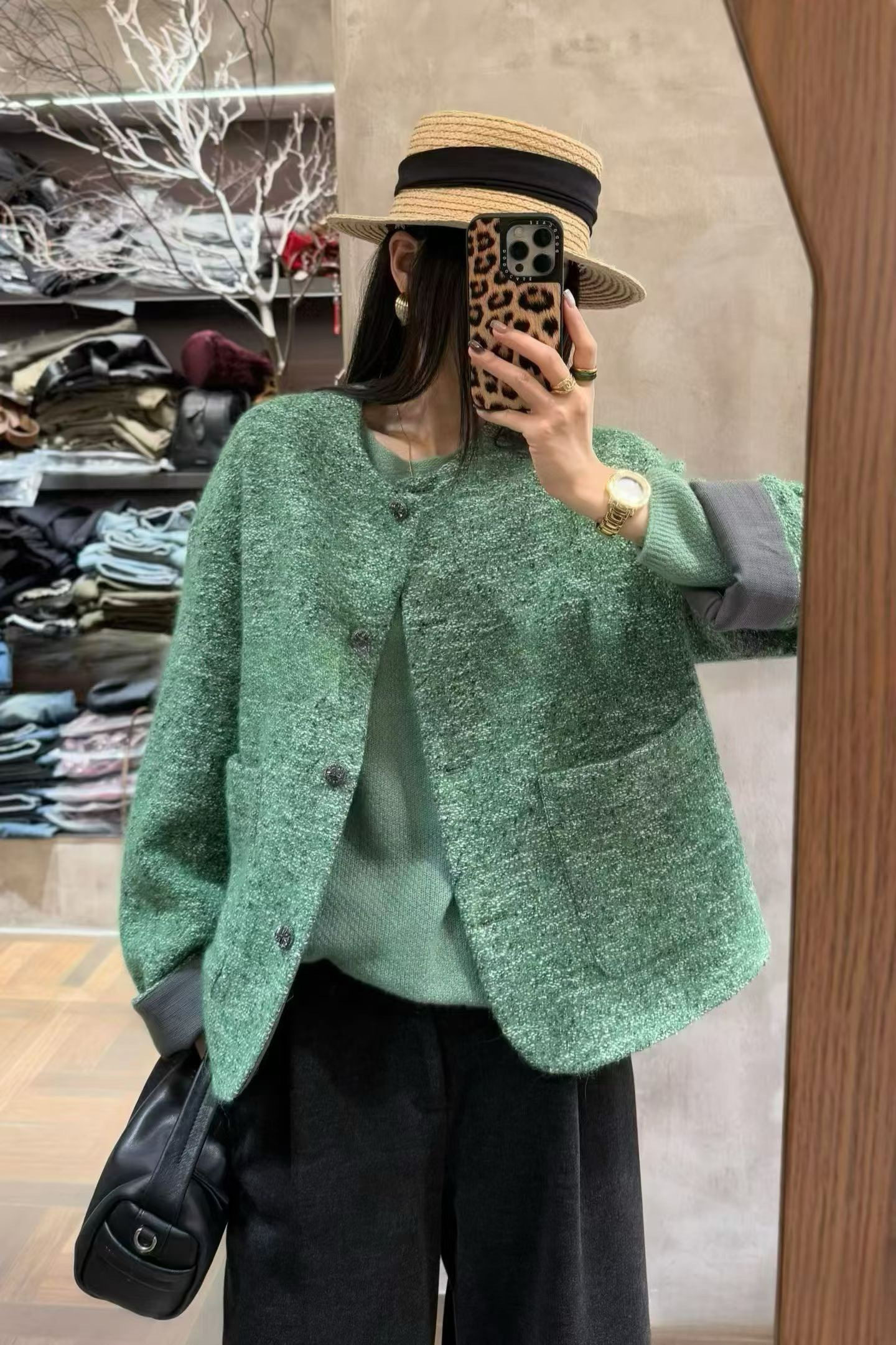 绿色羊毛小香风外套女士圆领短款粗花呢上衣时尚潮流百搭显瘦上衣