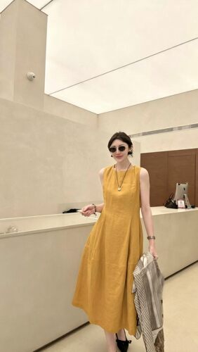 高品质极简纯亚麻无袖连衣裙夏季收腰显瘦气质百搭多色长款A字裙