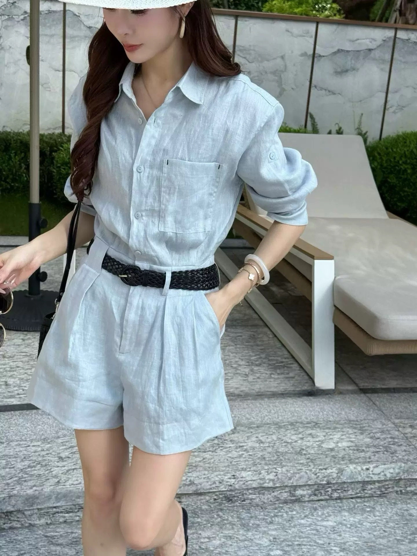 亚麻连体短裤老钱风时尚工装高级感松弛腰配腰带修身时尚连体短裤