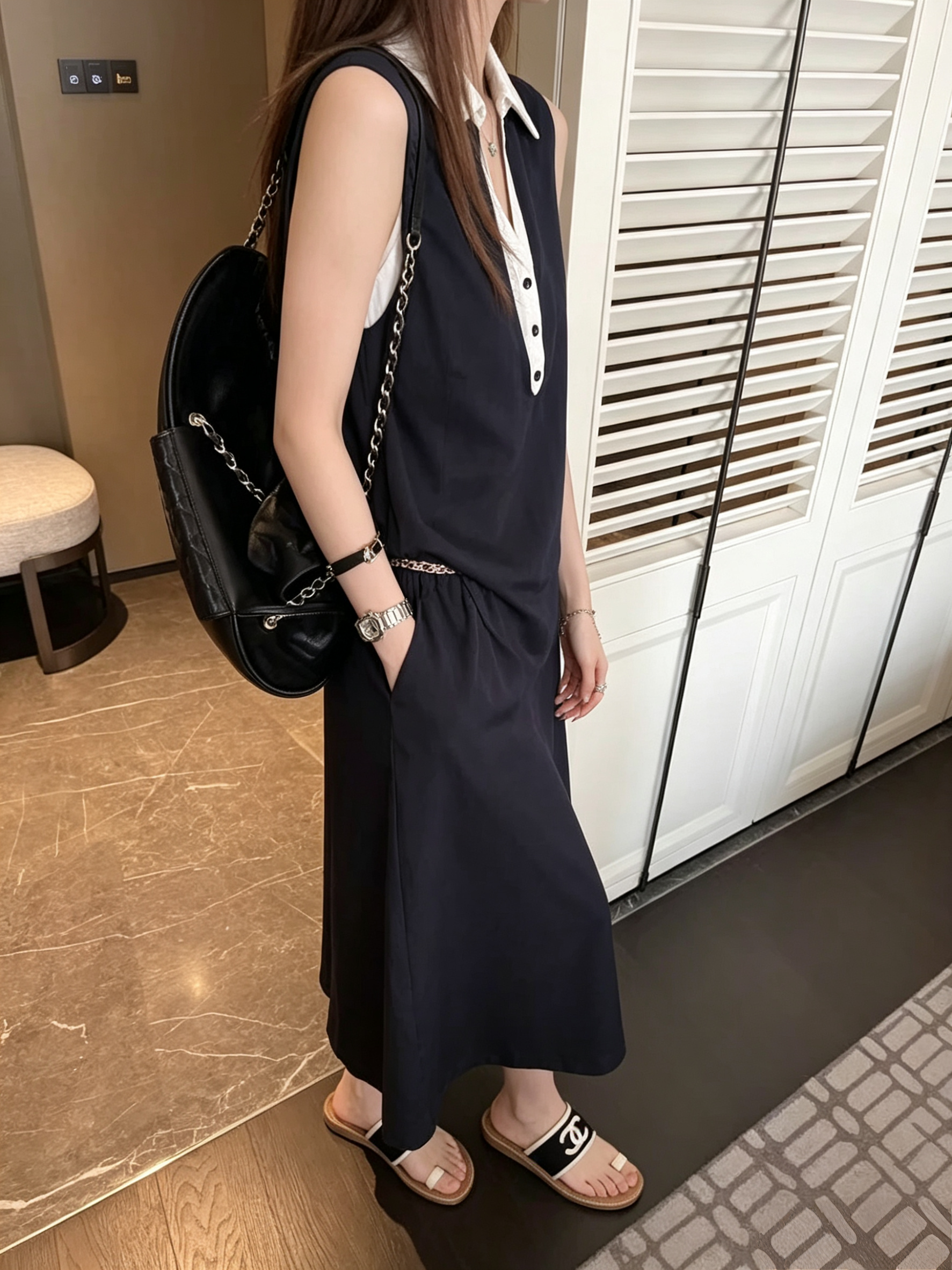 假两件拼接撞色无袖亚麻套装夏季气质显瘦高级感通勤半身裙两件套