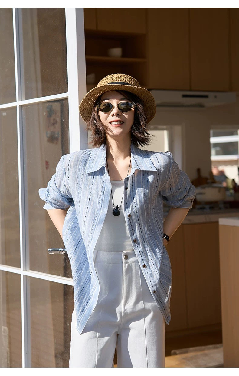 100%亚麻条纹衬衫2026春夏新款翻领宽松休闲百搭长袖衬衣上衣