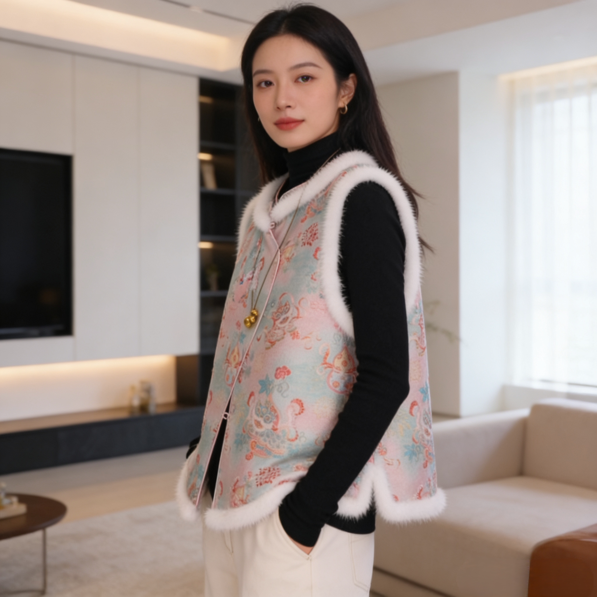 李德喜宋锦水貂毛夹棉马甲醒狮杂宝纹五重纬宋锦绚烂幻彩夹棉马甲