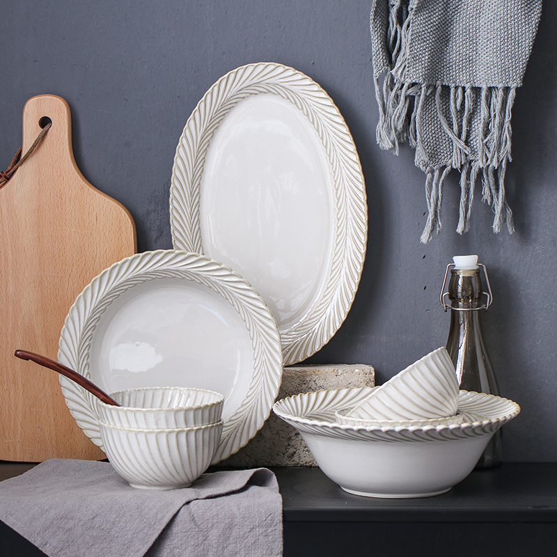 手作日式复古浮雕做旧陶瓷餐具