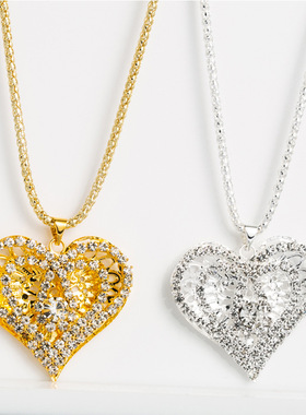 秋季ins心形镂空水钻吊坠毛衣链韩版时尚气质爱心满钻高级感项链