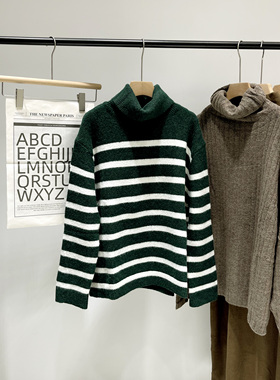 秋冬季慵懒风复古条纹高领保暖厚毛衣女宽松百搭针织衫绿色