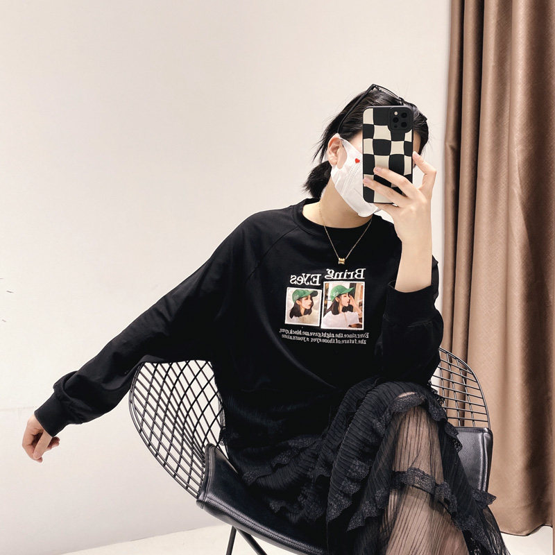 您好oo春季女装新款混搭刺绣字母人像卫衣拼接透视蕾丝蛋糕连衣裙