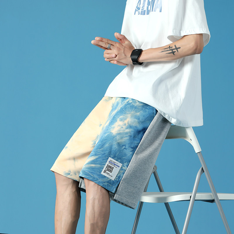 蓝底男女扎染拼色五分裤百搭卫裤休闲针织裤子 7119-P35图片