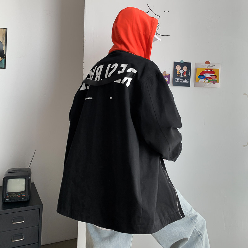 港风秋季新款男女连帽夹克男士中长款印花外套7022,男装夹克,电商B380（原B361）