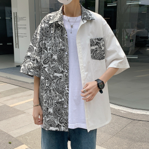 夏季新款男民族风拼色翻领短袖衬衣男衬衫 7128-P45图片