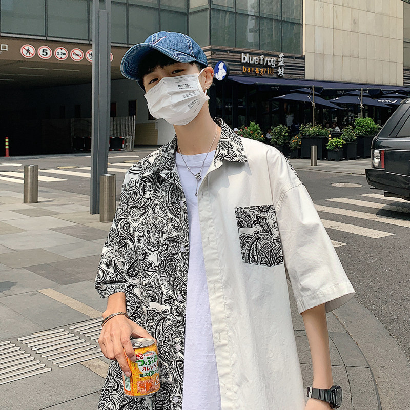 夏季新款男民族风拼色翻领短袖衬衣男衬衫7128-P45,男装衬衫,电商B380（原B361）