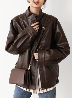 CHICCLO 复古中性风酷感立领pu皮衣外套长袖夹克2025春季小个子女