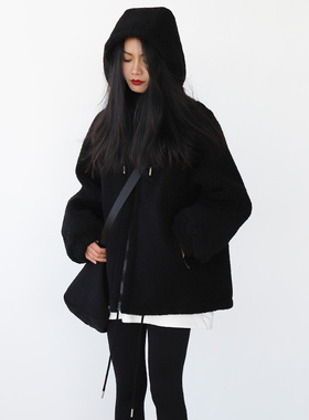 羊羔毛加厚外套2025冬季新款街头休闲防风保暖抽绳夹棉连帽棉服女