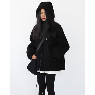 羊羔毛加厚外套2025冬季 街头休闲防风保暖抽绳夹棉连帽棉服女 新款