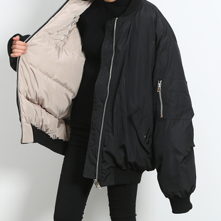 棒球棉服女正反两穿2024冬季 保暖羽绒棉服外套 复古宽松BF风中长款