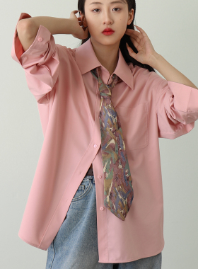 粉色衬衫上衣女垂坠不易皱2025春秋新款宽松休闲白桃薄荷清爽衬衣