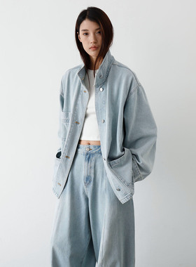 饭馆 海盐牛仔套装 水洗蓝宽松立领工装外套杨桃裤上衣