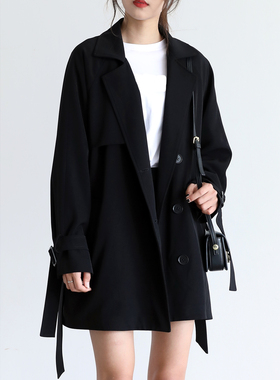 黑色短款风衣女2025秋季休闲宽松英伦风小个子系带西装风衣外套