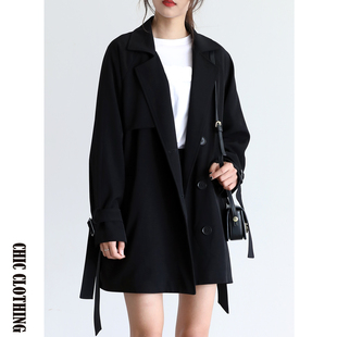 风衣外套 休闲宽松英伦风小个子系带西装 黑色短款 风衣女2025秋季