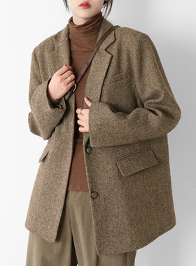 CHICCLO 人字纹呢子西装外套女春季韩版羊毛复古中长款西服上衣